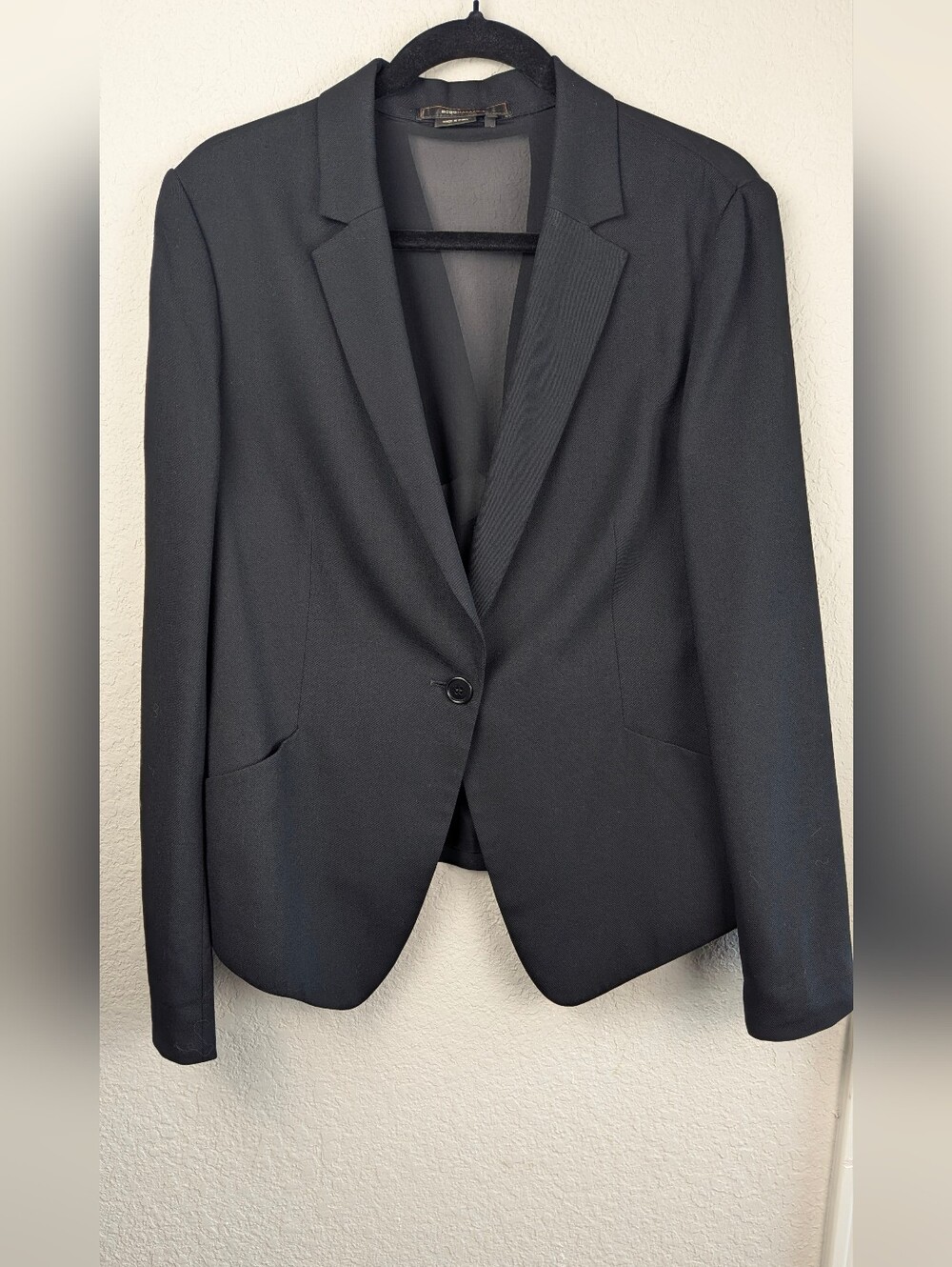 BCBGMAXAZRIA Wool Silk Blazer L Black Drapey Front Sheer Knotted Back Chic READ - Picture 2 of 9